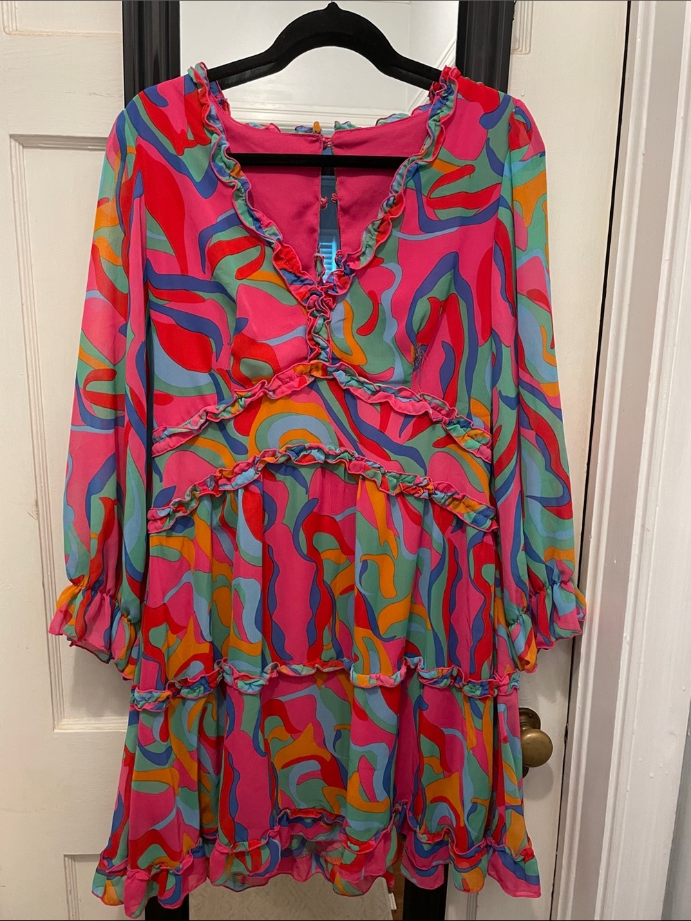 Vibrant Pink Multi-Color Ruffle open back Tunic Dress